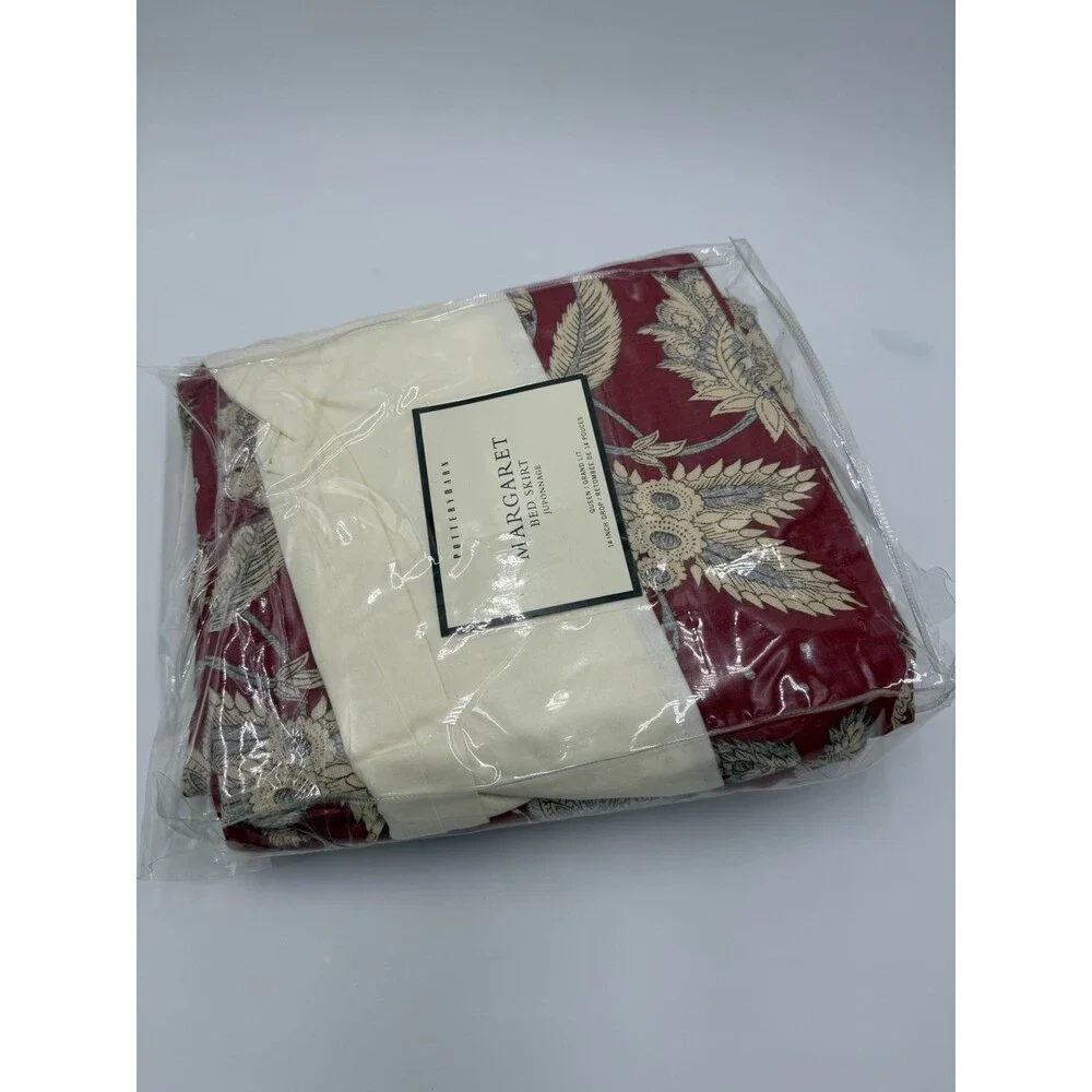 Pottery Barn Margaret bed skirt juponnage Cotton Linen Floral Beige Red Queen